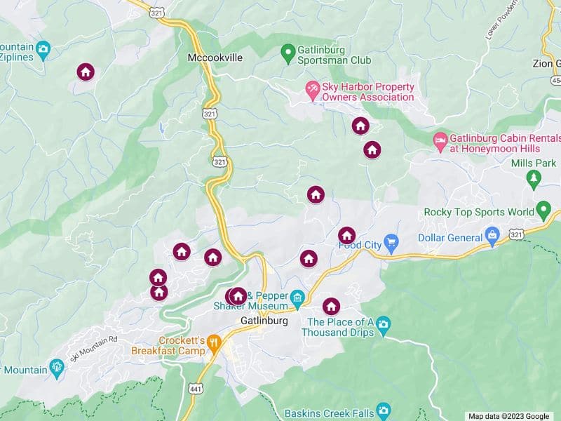 Interactive map with the best large cabin rentals in Gatlinburg created using Google Maps