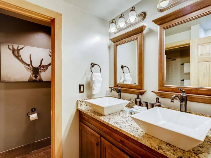 An updated bathroom featuring dual sinks and a photo of a deer on the wall.