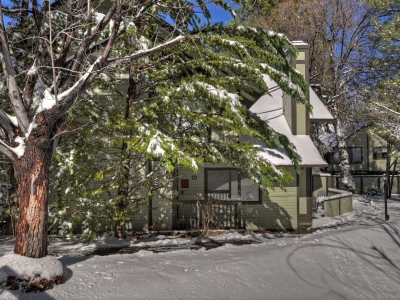 Exterior view of a Big Bear ski condo rental surrounded by snow-dusted pine trees, with a spacious wooden deck and windows..