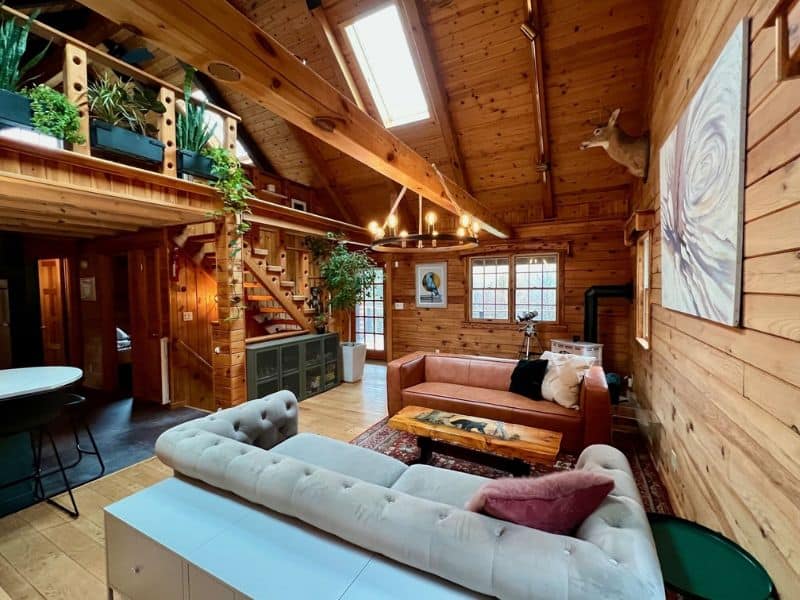 Interior of a spacious cozy Catskills cabin rental, showcasing a loft area with greenery, exposed wooden beams, and a variety of comfortable seating arrangements.