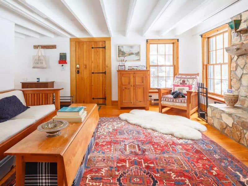 Inviting interior of a Catskills Vrbo rental featuring a spacious living room with a fur throw rug, traditional furniture, and a richly patterned area rug.