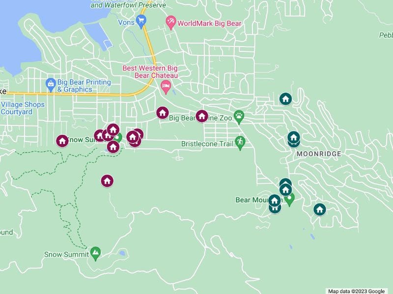 Interactive map with the best winter cabins in Big Bear near the ski slopes created using Google Maps.