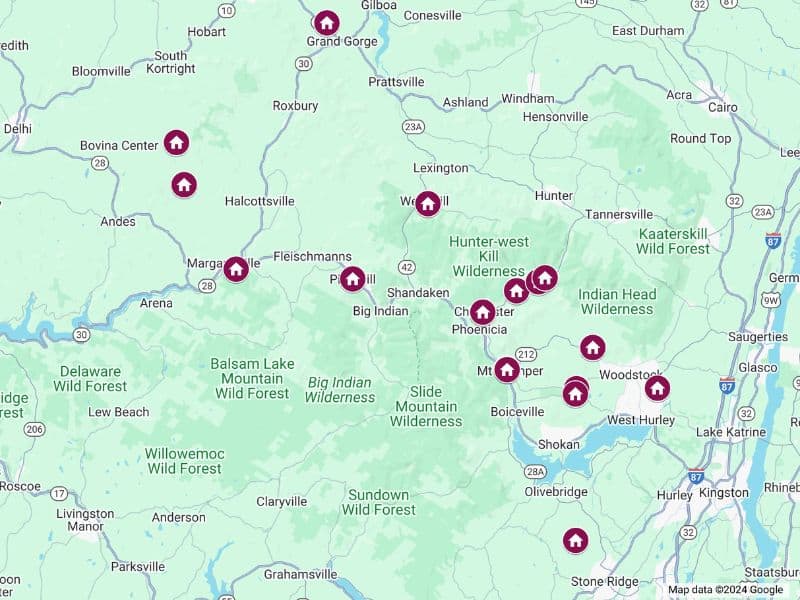 Interactive Google map highlighting 17 cozy cabin locations in the Catskills region, with markers scattered around towns like Fleischmanns, Phoenicia, and Hunter-West Kill Wilderness. Created using Google Maps.