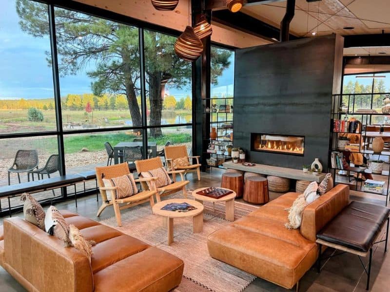 Backland's elegant communal lounge with comfortable seating and a fireplace.
