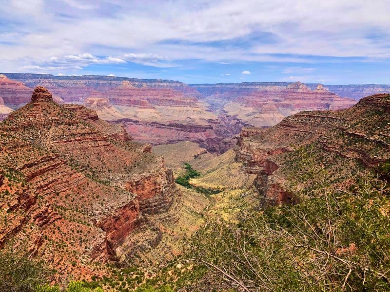 View over the South Rim of the Grand Canyon from the Rim Trail. The South Rim is the most popular lodging area in Grand Canyon National Park.