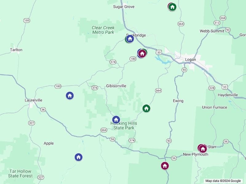 Map of Hocking Hills, Ohio, with pins marking the locations of shipping container cabins. Key areas labeled include Clear Creek Metro Park, Rockbridge, Logan, and Hocking Hills State Park.