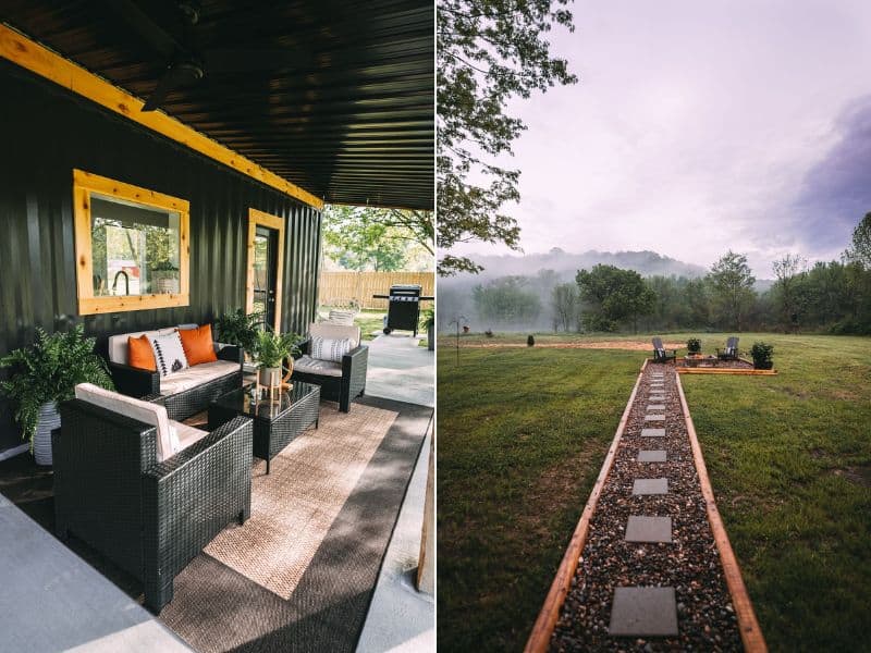 Shaded outdoor seating area with stylish wicker furniture on the porch of Nova Shipping Container Cottage in Hocking Hills.