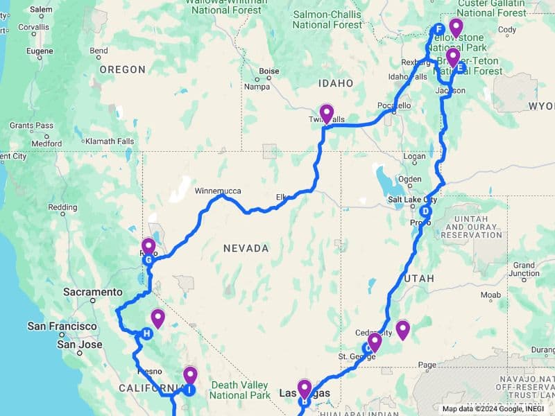 Interactive Google map highlighting the ultimate road trip route from Los Angeles to Yellowstone National Park, marked with purple pins for key stops along the drive through California, Nevada, Utah, Idaho and Wyoming.