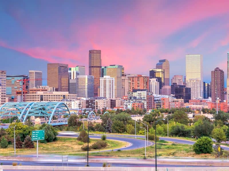 Denver CO skyline at sunset.