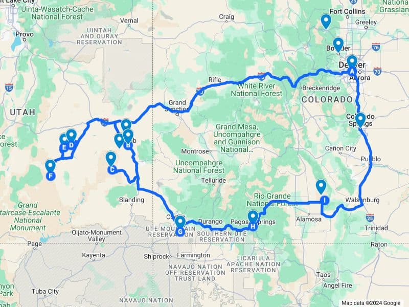 Custom Google map showing the route for a road trip from Colorado to Utah, highlighting stops in destinations such as Denver, Moab, Capitol Reef National Park, Mesa Verde National Park, and Pagosa Springs.