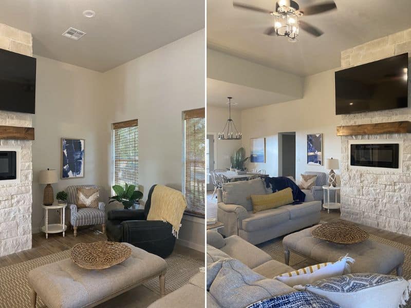 Two views of the living area inside Lake Escape cabin rental near Turner Falls, showing a seating area with chairs and couches, a TV mounted above a stone fireplace, and a view of the adjacent dining area.
