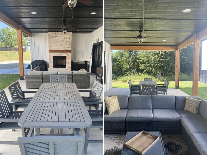 Two views of the outdoor patio at the Lake Escape Vrbo cabin rental in Oklahoma, featuring a dining table, a seating area with a couch, ceiling fans, and a brick fireplace under a covered roof.